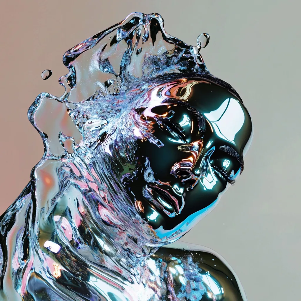 Mirrorcode cover, chrome figure in splashing liquid