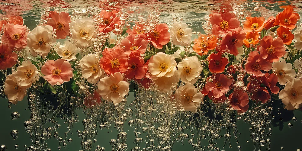 Flowers underwater among air bubbles