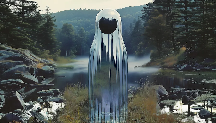 Glass phantom in a misty forest pond
