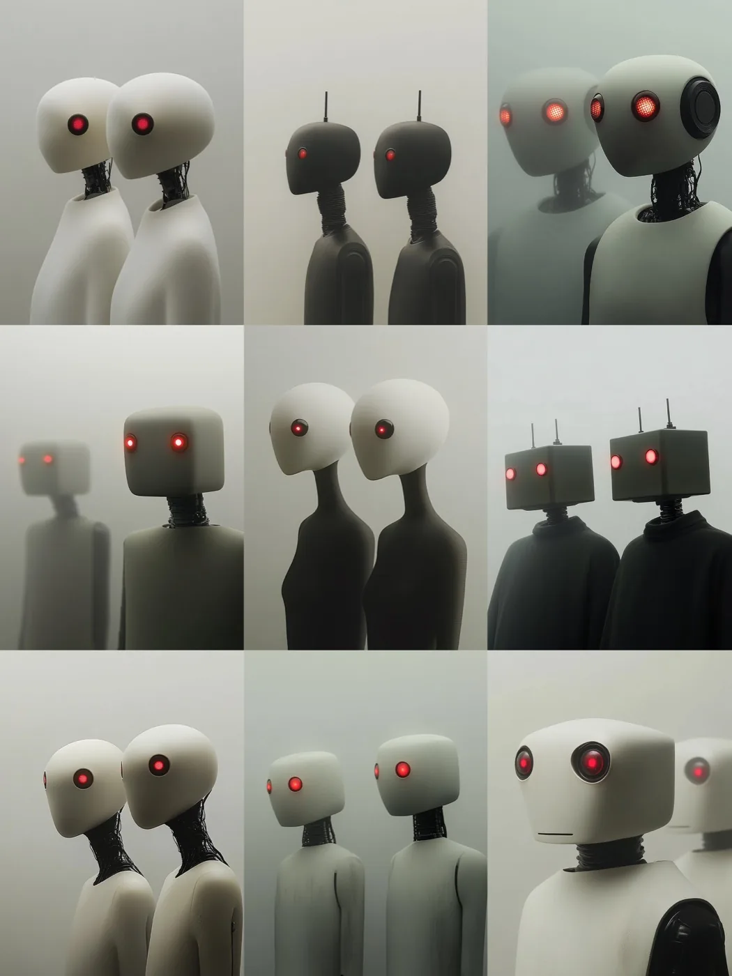 Grid of android couples with red eyes in fog