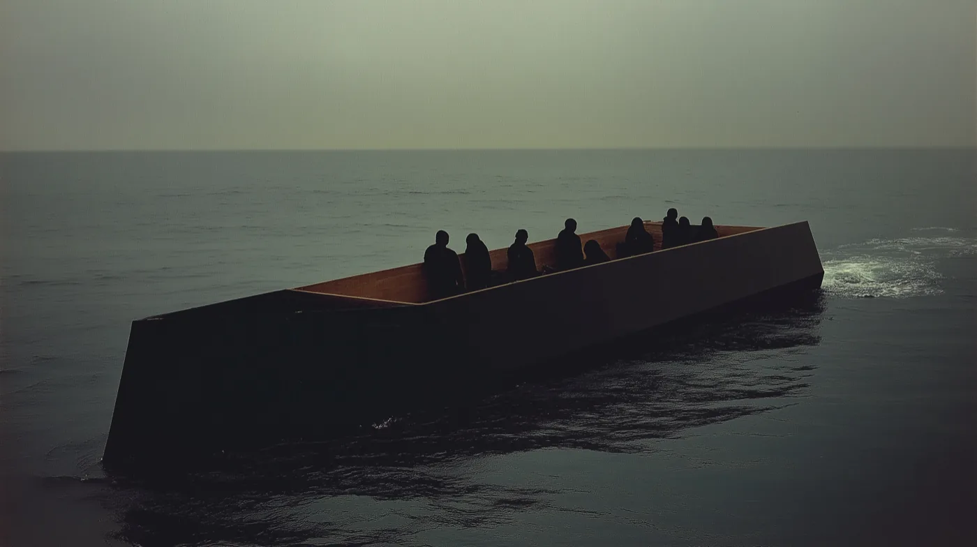 Figures in a long boat on a grey sea