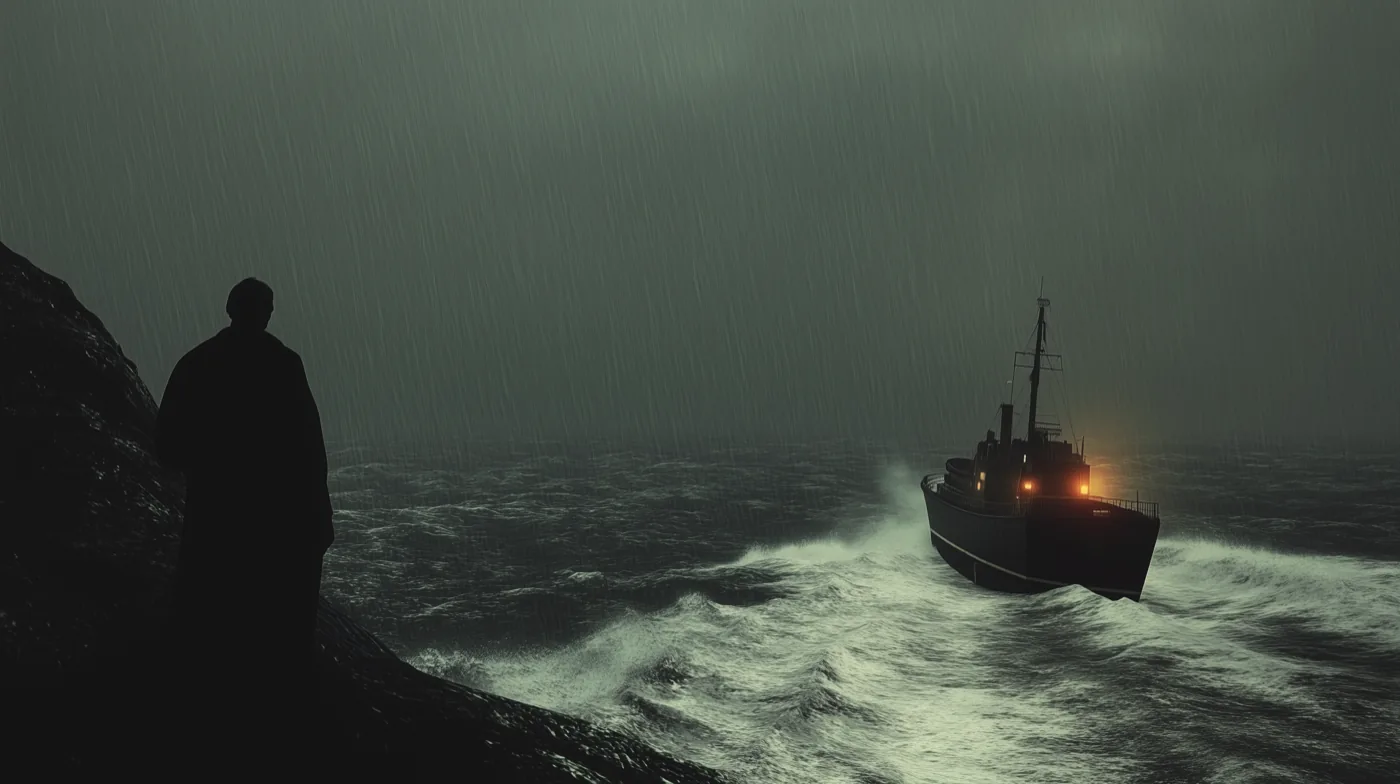Cloaked figure watching a vessel in stormy seas