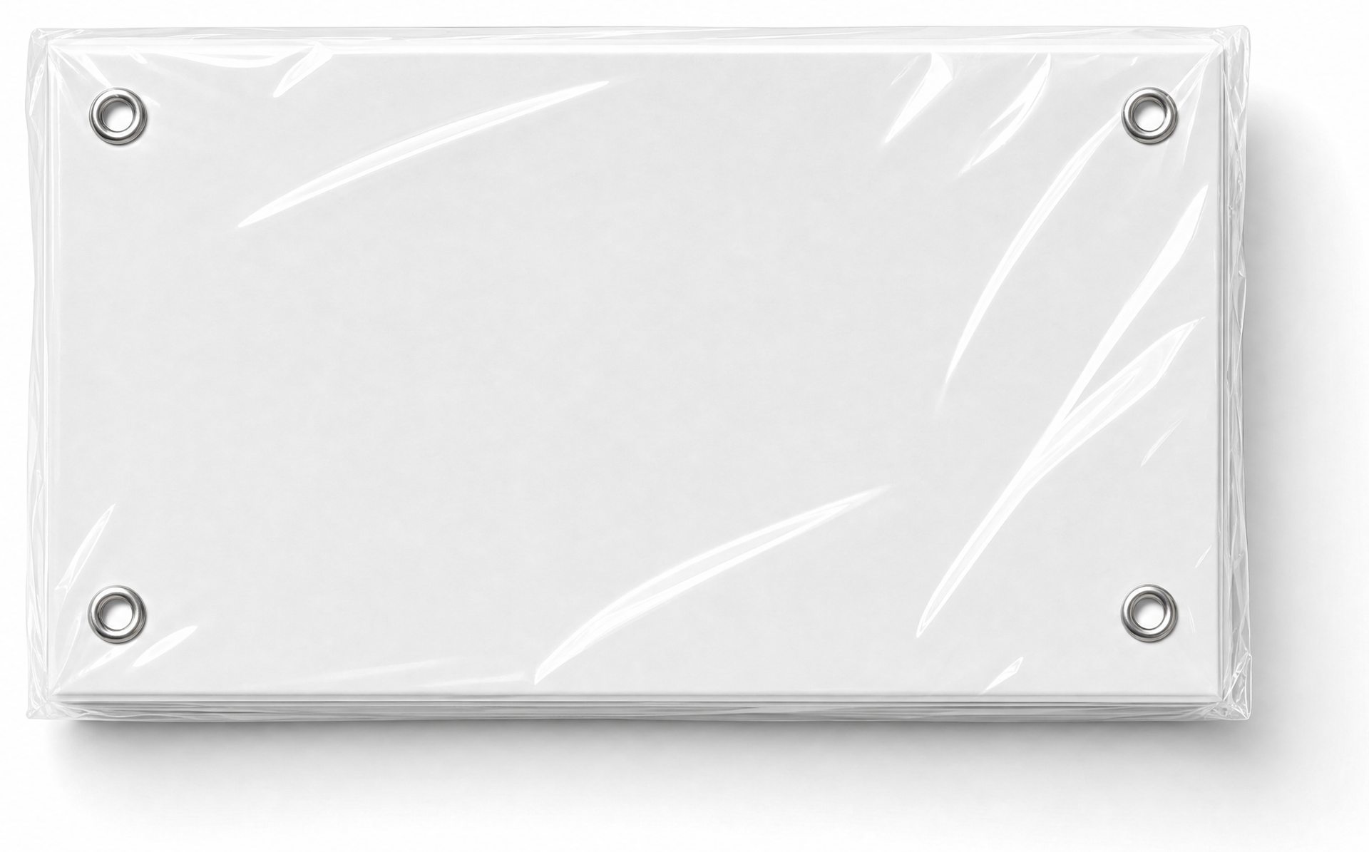 Blank plate sealed in translucent plastic wrap, four eyelet grommets on white ground