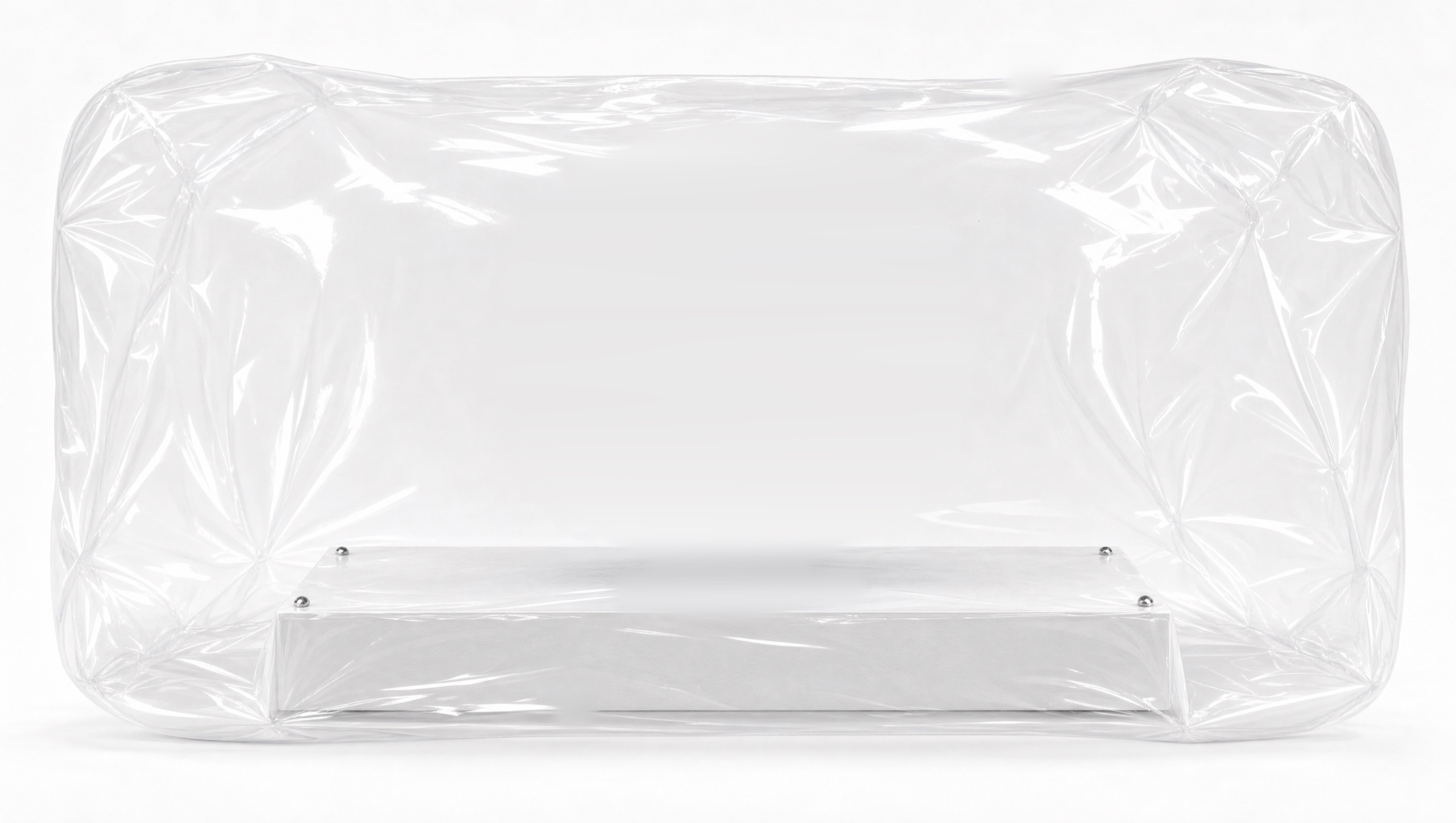 Blue particle orb floating above a white plinth, sealed in translucent plastic