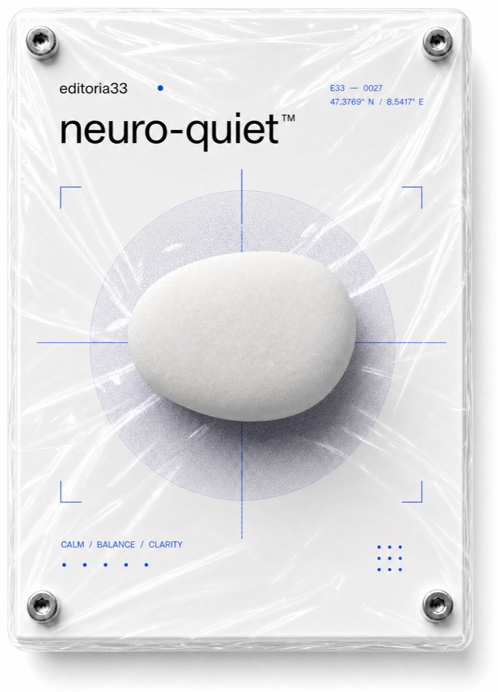 Neuro-Quiet world cover, white stone on a wrapped white plate